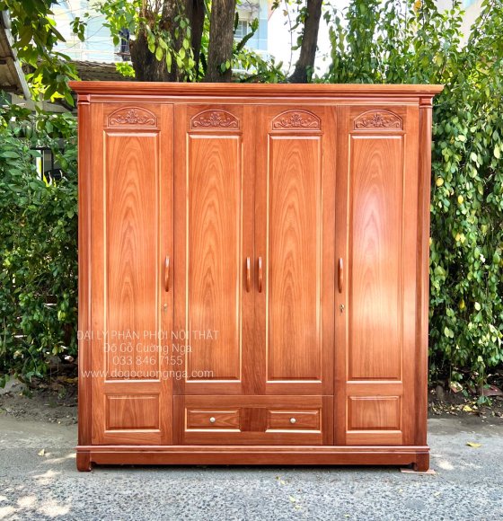 Tủ Aó Gỗ Xoan Đào Mẫu Hoa Vòm 4 Cánh - 2m