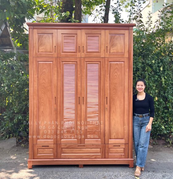 Tủ Quần Áo Gỗ Xoan Đào 4 Cánh Kịch Trần Mẫu Lá Sách