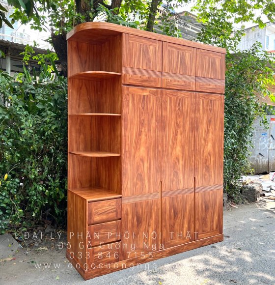 Tủ Quần Áo Gỗ Cẩm Vân 3 Cánh Kèm Kệ Trang Trí Vế Trái Hiện Đại 
