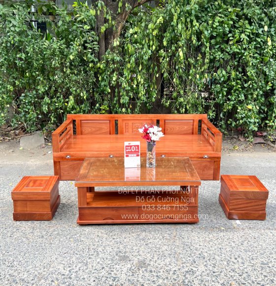 Giường Gấp Gỗ Xoan Đào Hiện Đại Kết Hợp Bàn Trà Sofa Gỗ + Đôn Ngồi 