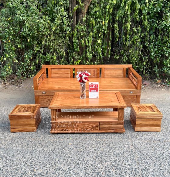 Sofa Giường Gấp Gọn Đa Năng 2 Ngăn Kéo Gỗ Hương Xám - Kèm Bàn Đôn 
