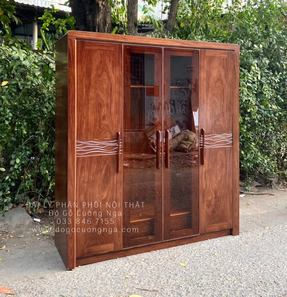 Tủ Quần Áo Gỗ Hương Xám 4 Cánh Màu Óc Chó - Mẫu Cánh Kính 