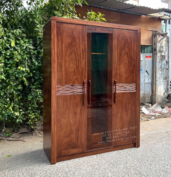 Tủ Quần Áo Gỗ Hương Xám 3 Cánh Mẫu Sóng Cánh Kính Màu Óc Chó 