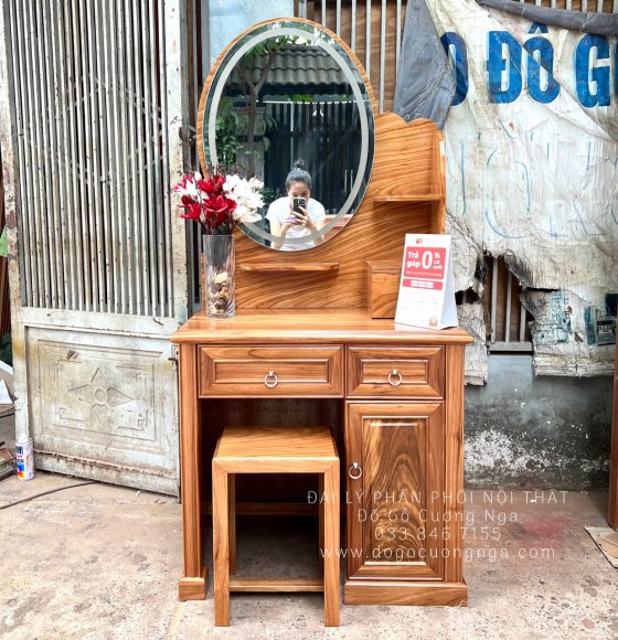 Bàn Phấn Trang Điểm Gỗ Hương Xám Gương Tròn Đèn Les Cảm Ứng 