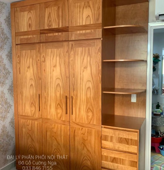 Tủ Quần Áo Gỗ Gõ Đỏ 3 Cánh Kèm Kệ Trang Trí Áp Trần Cao Cấp 