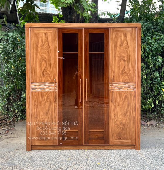 Tủ Quần Áo Gỗ Hương Xám 4 Cánh Kết Hợp Kính Cường Lực Hiện Đại 
