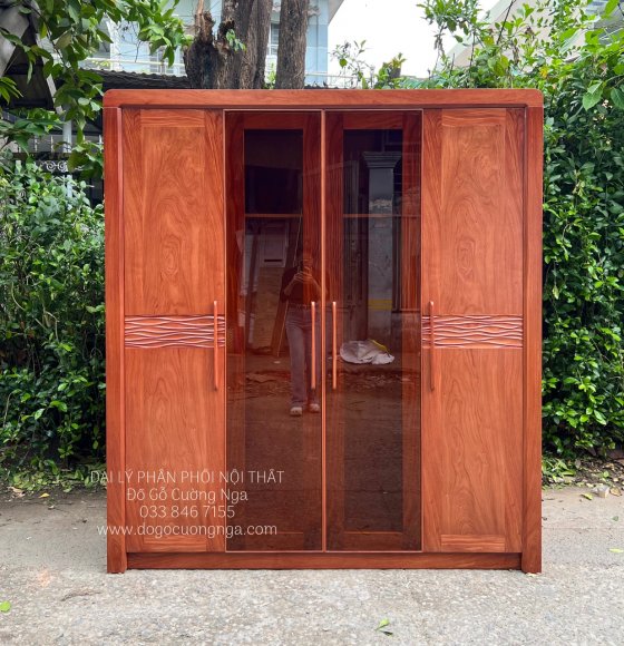Tủ Quần Áo Gỗ Hương Đá 4 Cánh Kính Trà Cường Lực Sang Trọng 