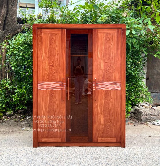 Tủ Áo Gỗ Hương Đá 3 Cánh Kết Hợp Kính Cường Lực Hiện Đại 