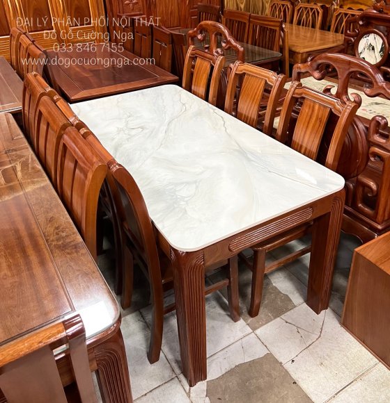 Bàn Ăn Gỗ Xoan Đào 6 Ghế Chân Soi Kết Hợp Mặt Đá 