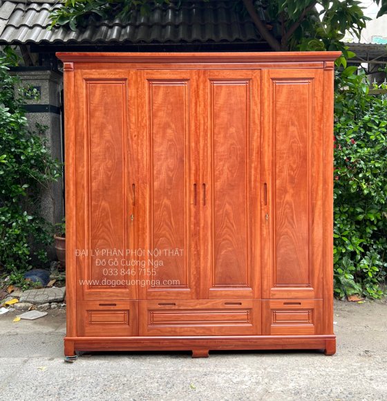 Tủ Quần Áo Gỗ Xoan Đào 4 Cánh 3 Buồng Hiện Đại Cánh Soi 