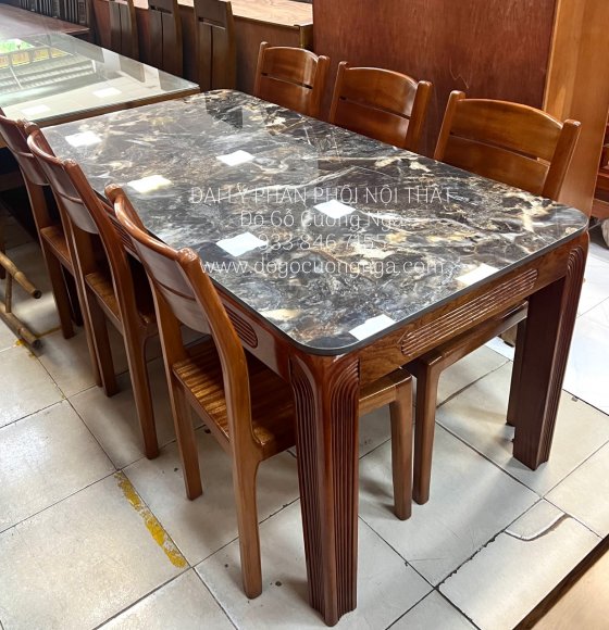 Bàn Ăn Gỗ Xoan Đào 6 Ghế Mặt Đá Đen Vân Cao Cấp