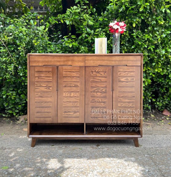 Tủ Giày Dép Gỗ Sồi Nga Lau Màu Óc Chó 4 Cánh Mở Chân Cao 
