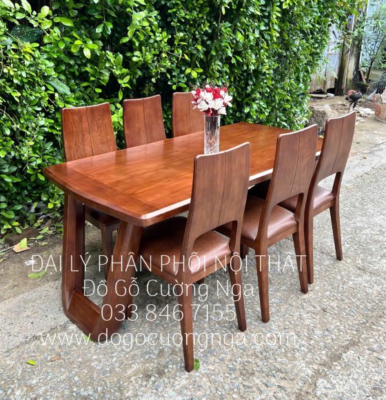 Bộ Bàn Ăn 6 Ghế Nệm Gỗ Sồi Nga Chân Choãi Sang Trọng Hiện Đại 