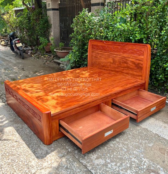 Giường Ngủ Gỗ Cẩm Vân 2 Ngăn Kéo Mẫu Sóng Hiện Đại 