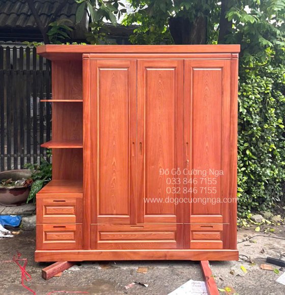 Tủ Quần Áo Gỗ Xoan Đào 3 Cánh Kèm Kệ Trang Trí Hiện Đại 