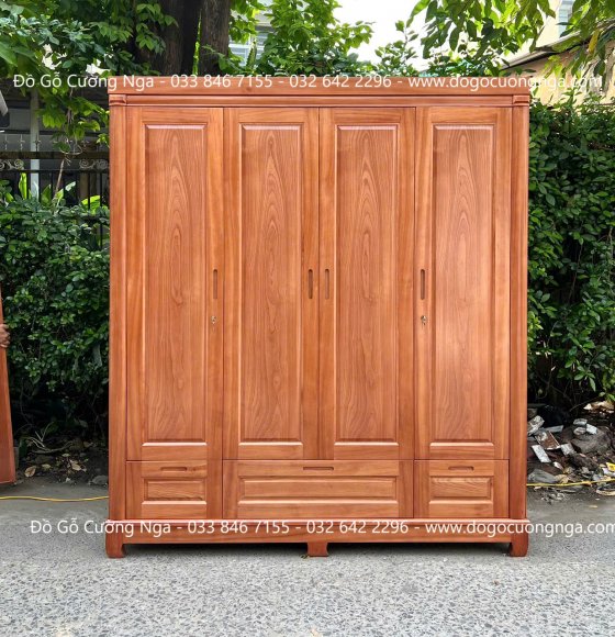 Tủ Quần Áo Gỗ Xoan Đào 4 Cánh Mở Mẫu Trơn Bền Đẹp 