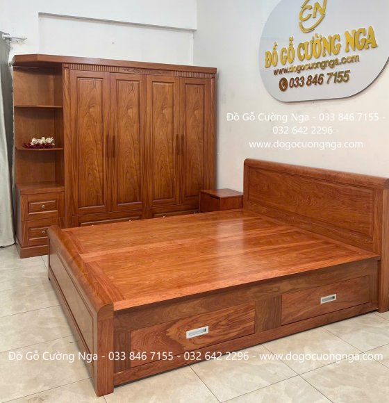 Combo Phòng Ngủ Gỗ Hương Đá 3 Chi Tiết Kết Hợp Giường Ngăn Kéo 