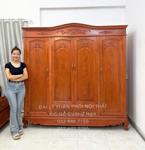 Tủ Quần Áo Gỗ Hương Đá 4 Cánh Tân Cổ Điển Trang Nhã