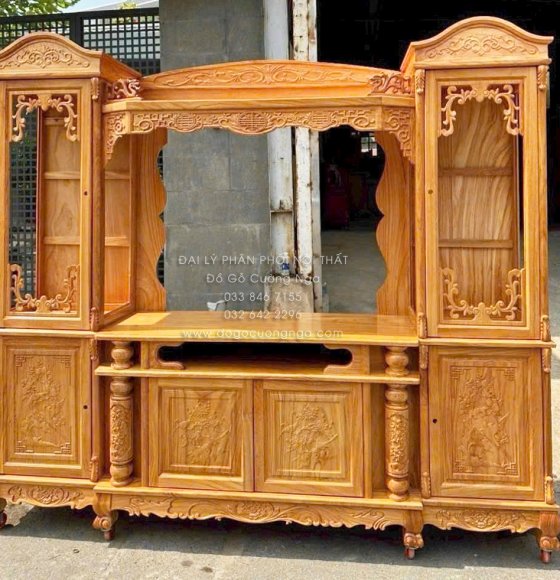 Kệ Tivi Phòng Khách Kết Hợp Tủ Rượu Gỗ Gõ Đỏ Trang Trí Sang Trọng