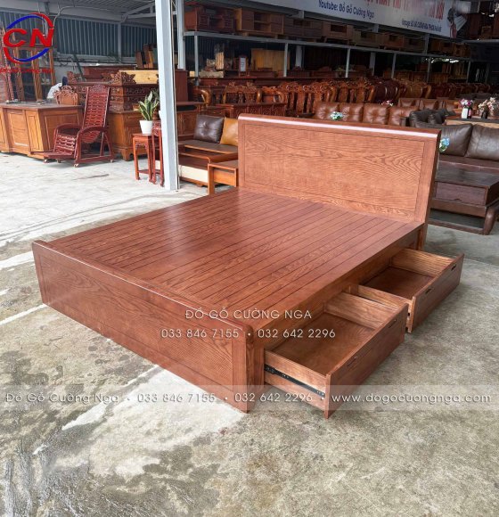 Giường Ngủ Gỗ Sồi 2 Ngăn Kéo Màu Óc Chó Sơn Ichem Cao Cấp - Phản Thưa