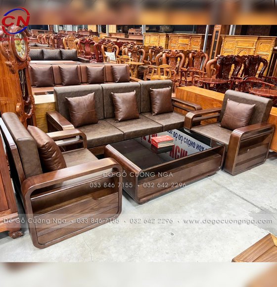 Sofa Đối Gỗ Sồi Nga Lau Màu Óc Chó 4 Chi Tiết Tay Vòng Kèm Nệm Cao Su