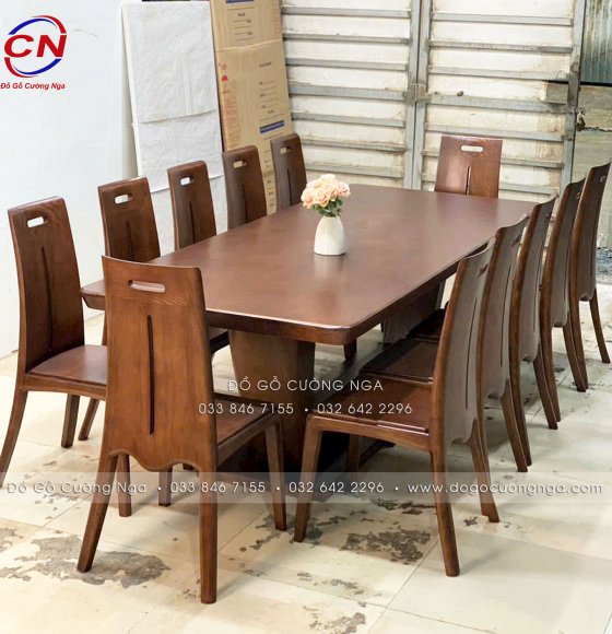 Bàn Ăn Gỗ Sồi Nga Chân Thuyền 10 Ghế Màu Óc Chó Sang Trọng