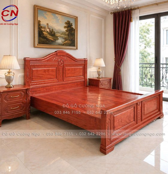 Giường Ngủ Gỗ Hương Đá 100% Chạm Hoa Văn Hoàng Gia